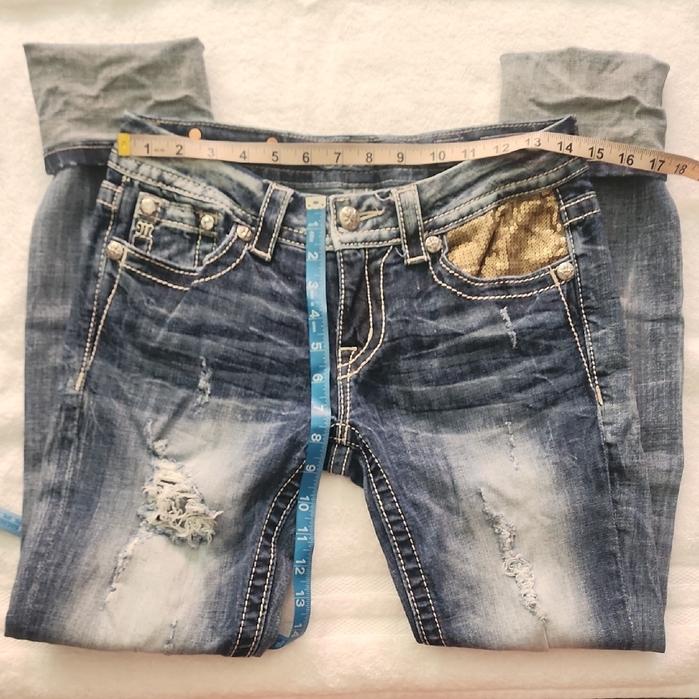 Miss Me Distressed Signature Rise Cuffed Skinny Blue Jeans Size: 27 - Picture 7 of 13